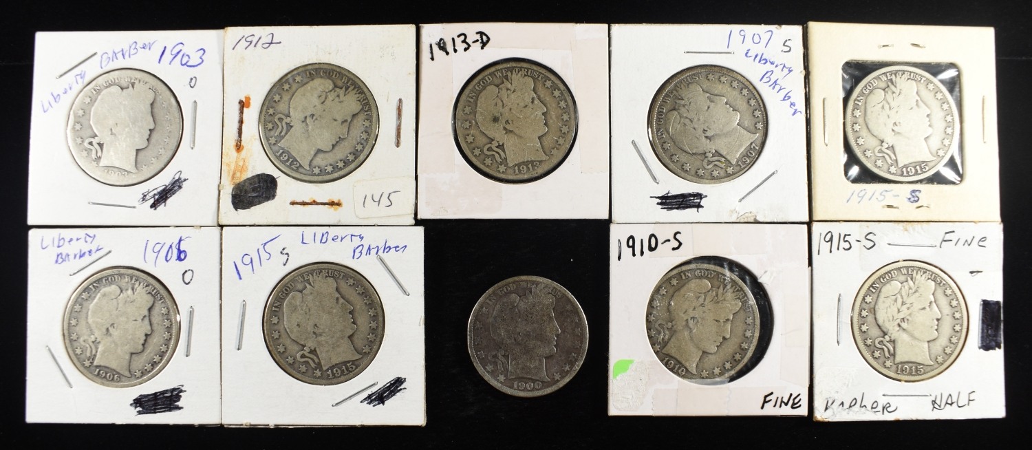 (10) BARBER HALF DOLLARS