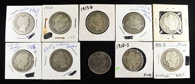 (10) BARBER HALF DOLLARS. BID WITH SILVER CITY AUCTIONS ESTIMATE $380 - $430.