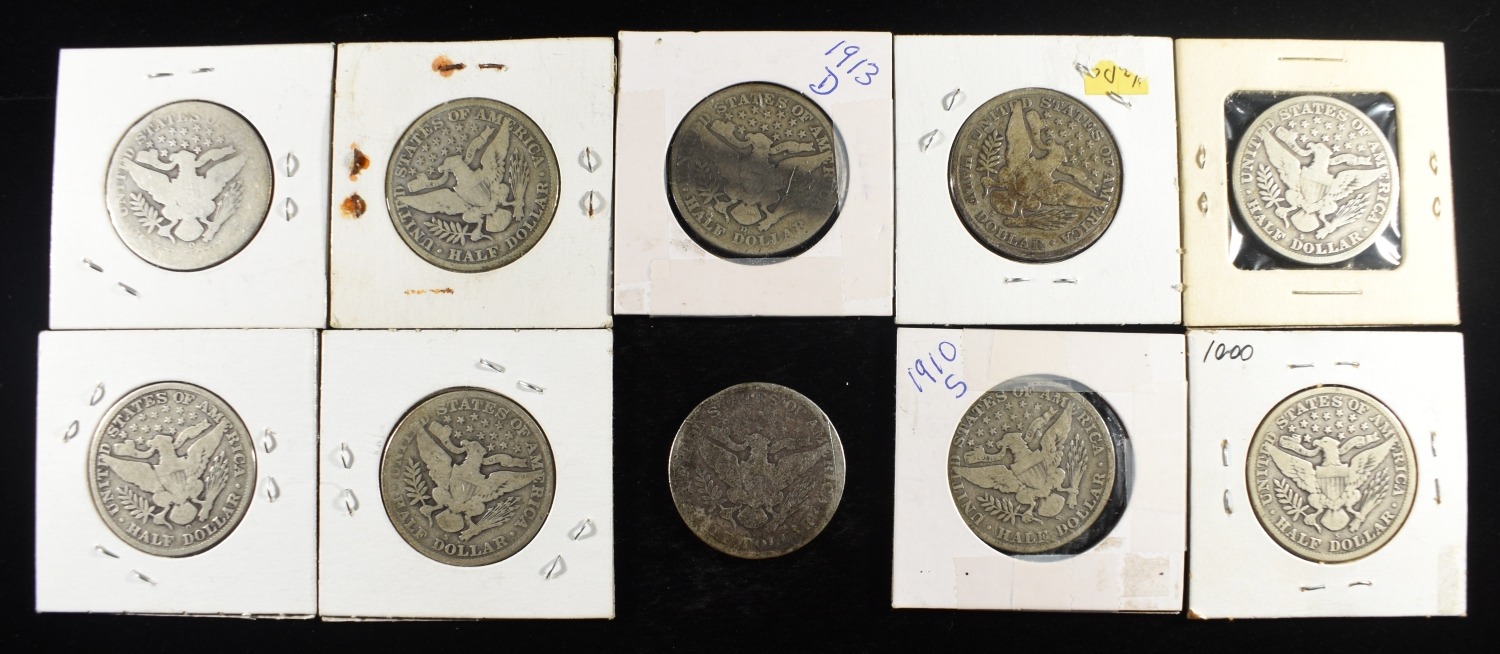 (10) BARBER HALF DOLLARS