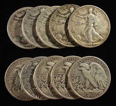 (10) 90% SILVER WALKING LIBERTY HALF DOLLARS. LEADERS IN ON-LINE AUCTIONS ESTIMATE $380 - $430.