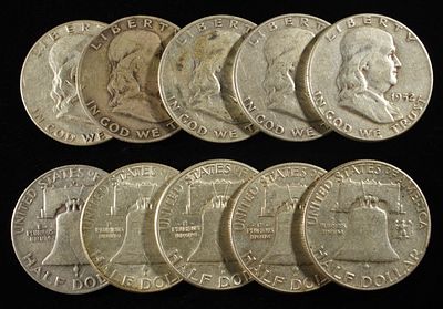 (10) 90% SILVER FRANKLIN HALF DOLLARS. TOP RATED AUCTION HOUSE ESTIMATE $400 - $450.