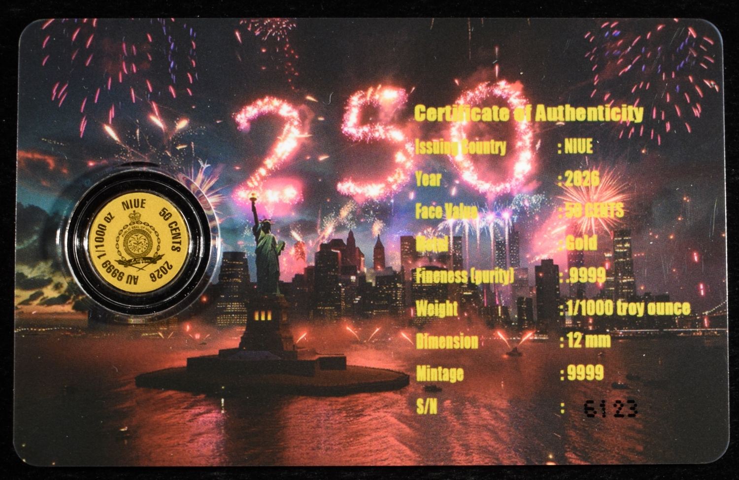 (5) 2026 NIUE 50C 1/1000TH .9999 GOLD