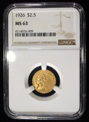 1926 $2.5 GOLD INDIAN NGC MS-63. WEEKLY COIN & CURRENCY AUCTIONS ESTIMATE $1000 - $1200.