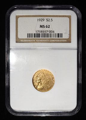 1929 $2.5 GOLD INDIAN NGC MS-62. BID WITH SILVER CITY AUCTIONS ESTIMATE $900 - $1100.