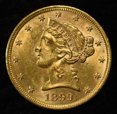 1899 $5 GOLD LIBERTY BU. TOP RATED AUCTION HOUSE ESTIMATE $1300 - $1500.