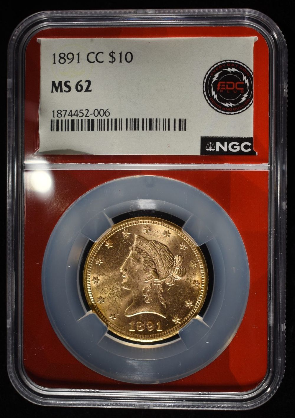 1891-CC $10 GOLD LIBERTY NGC MS-62. BID WITH SILVER CITY AUCTIONS ESTIMATE $5000 - $6000.
