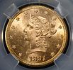 1891-CC $10 GOLD LIBERTY NGC MS-62. BID WITH SILVER CITY AUCTIONS ESTIMATE $5000 - $6000.Image - 1