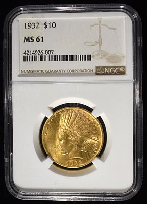 1932 $10 GOLD INDIAN NGC MS-61. WEEKLY COIN & CURRENCY AUCTIONS ESTIMATE $2700 - $3000.