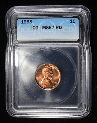 1955 WHEAT CENT ICG MS67RD. TOP RATED AUCTION HOUSE ESTIMATE $775 - $875.