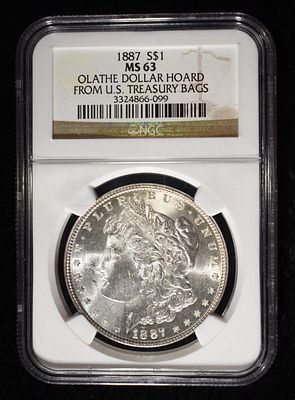 1887 MORGAN DOLLAR NGC MS-63 OLATHE HOARD. LEADERS IN ON-LINE AUCTIONS ESTIMATE $130 - $150.
