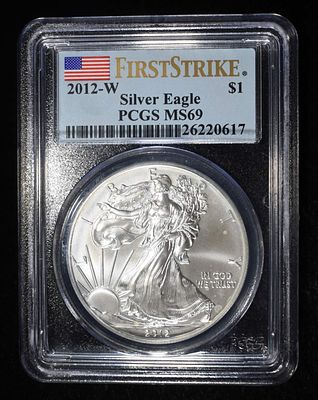 2012-W AMERICAN SILVER EAGLE PCGS MS69. WEEKLY COIN & CURRENCY AUCTIONS ESTIMATE $110 - $160.