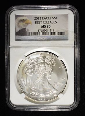 2013 AMERICAN SILVER EAGLE NGC MS70. LEADERS IN ON-LINE AUCTIONS ESTIMATE $110 - $160.