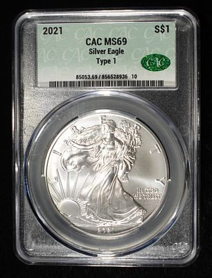 2021 AMERICAN SILVER EAGLE CAC MS69 TYPE1. TOP RATED AUCTION HOUSE ESTIMATE $110 - $160.