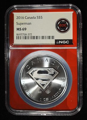 2016 1OZ SILVER CANADIAN SUPERMAN NGC MS-69. BID WITH SILVER CITY AUCTIONS ESTIMATE $150 - $200.