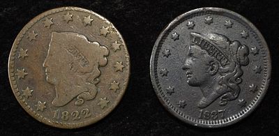 1822 VG & 1837 FINE LARGE CENTS. WEEKLY COIN & CURRENCY AUCTIONS ESTIMATE $80 - $100.