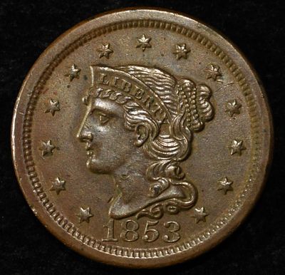 1853 LARGE CENT AU. CHECK OUT OUR UPCOMING AUCTIONS ESTIMATE $130 - $150.