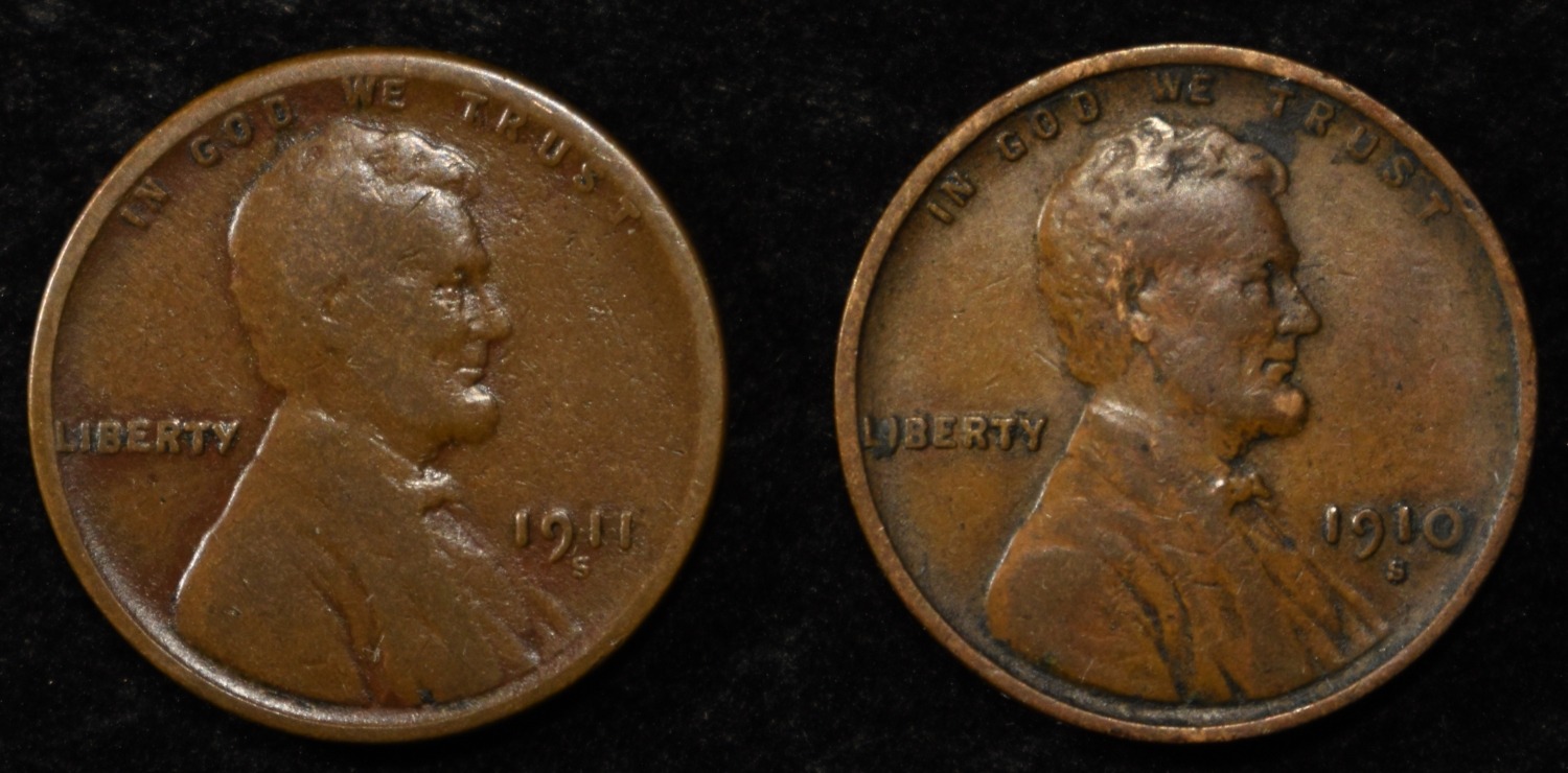 1910-S VF & 1911-S VG LINCOLN CENTS