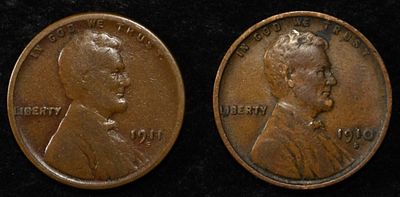 1910-S VF & 1911-S VG LINCOLN CENTS. WEEKLY COIN & CURRENCY AUCTIONS ESTIMATE $60 - $80.