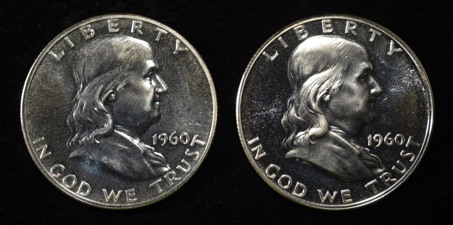 (2) 90% SILVER 1960 FRANKLIN HALF DOLLARS PROOF BU