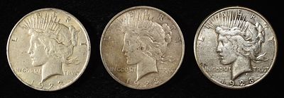 1923-P,D & S PEACE DOLLARS. LEADERS IN ON-LINE AUCTIONS ESTIMATE $200 - $250.