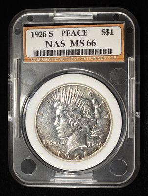 1926-S PEACE DOLLAR NAS SUPERB GEM BU. BID WITH SILVER CITY AUCTIONS ESTIMATE $200 - $250.