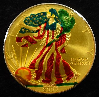 2000 AMERICAN SILVER EAGLE COLORIZED. BID WITH SILVER CITY AUCTIONS ESTIMATE $110 - $160.