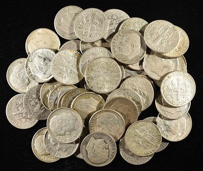 (50) ROOSEVELT DIMES 90% SILVER. LEADERS IN ON-LINE AUCTIONS ESTIMATE $350 - $400.