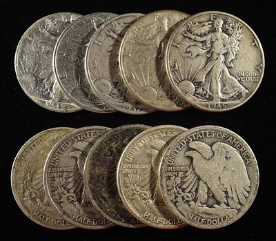 (10) 90% SILVER WALKING LIBERTY HALF DOLLARS. LEADERS IN ON-LINE AUCTIONS ESTIMATE $420 - $470.