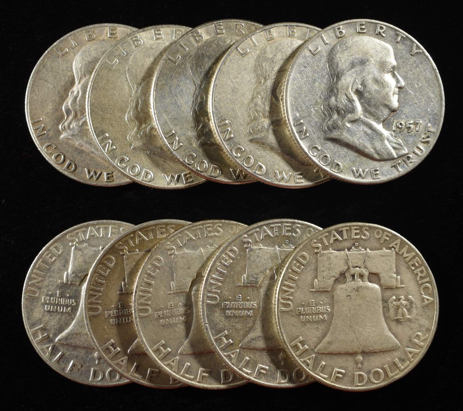 (10) 90% SILVER FRANKLIN HALF DOLLARS