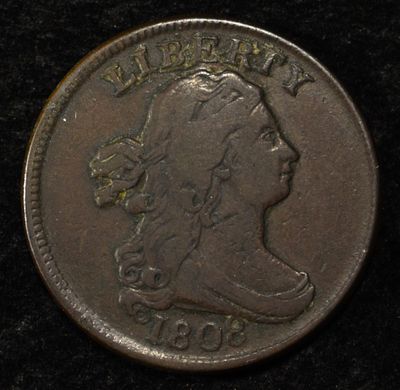 1808 DRAPED BUST HALF CENT XF. BID WITH SILVER CITY AUCTIONS ESTIMATE $775 - $875.
