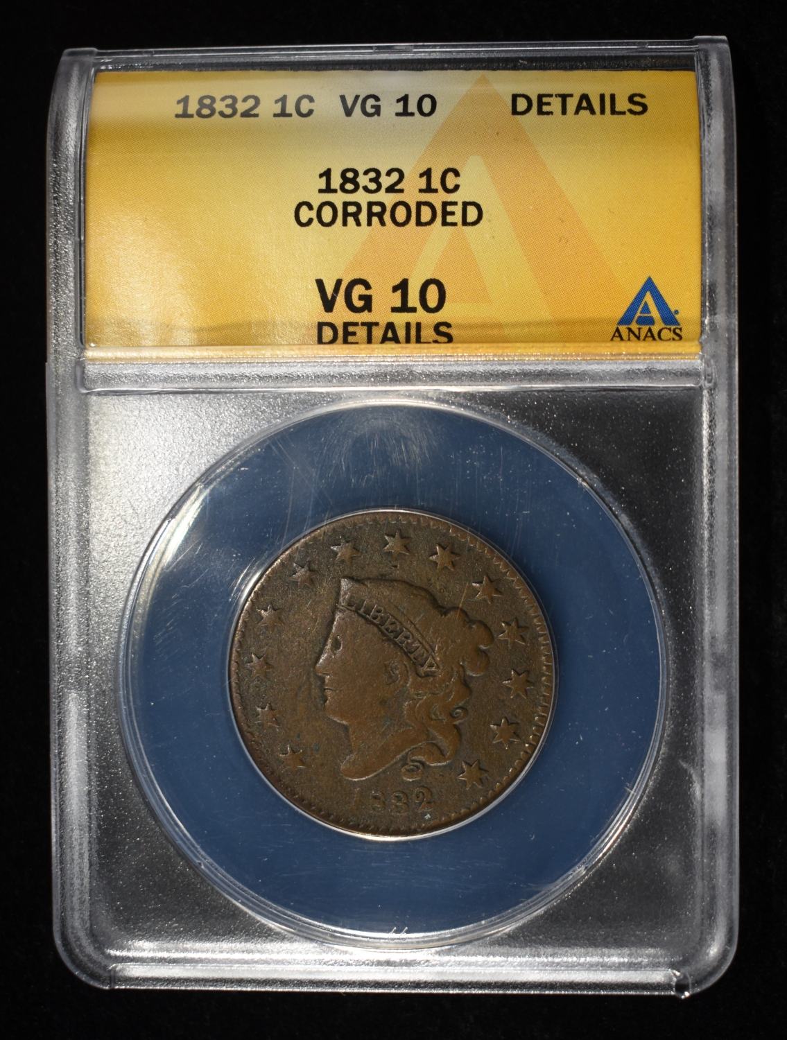 1832 CORONET HEAD LARGE CENT ANACS VG10