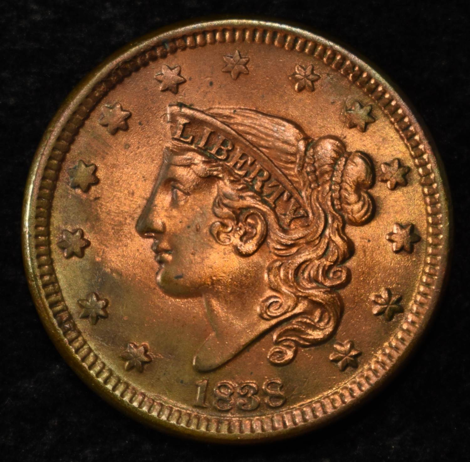 1838 CORONET LARGE CENT GEM BU NEARLY FULL RED