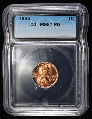 1955 WHEAT CENT ICG MS67RD. WEEKLY COIN & CURRENCY AUCTIONS ESTIMATE $775 - $875.