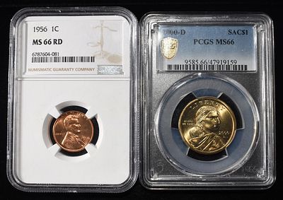 (2) GRADED COINS. 1956 WHEAT CENT NGC MS66RD & 2000-D SACAGAWEA DOLLAR PCGS MS66 ESTIMATE $60 - $80.