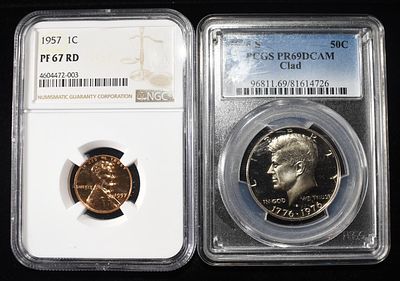 (2) GRADED COINS. 1957 WHEAT CENT NGC PF67RD & 1976-S CLAD KENNEDY HALF DOLLAR PCGS PR69 