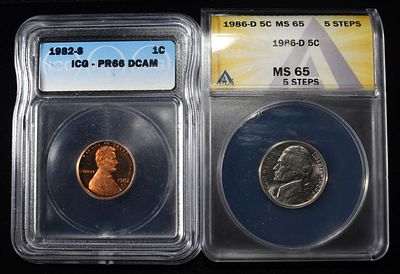 (2) GRADED COINS. 1982-S MEMORIAL CENT ICG PR66 & 1986-D JEFFERSON NICKEL ANACS MS65 5STEPS 