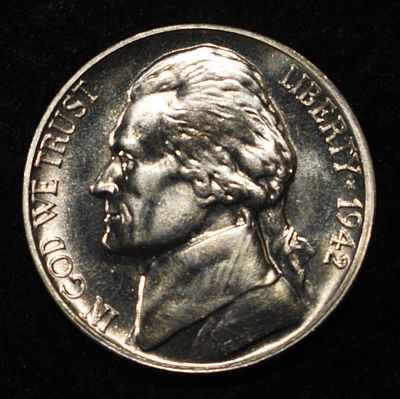 1942 JEFFERSON NICKEL GEM/PROOF. TOP RATED AUCTION HOUSE ESTIMATE $75 - $100.
