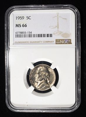 1959 JEFFERSON NICKEL NGC MS66. CHECK OUT OUR UPCOMING AUCTIONS ESTIMATE $60 - $80.