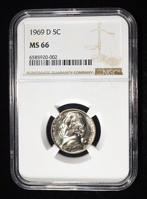 1969-D JEFFERSON NICKEL NGC MS66. WEEKLY COIN & CURRENCY AUCTIONS ESTIMATE $60 - $80.