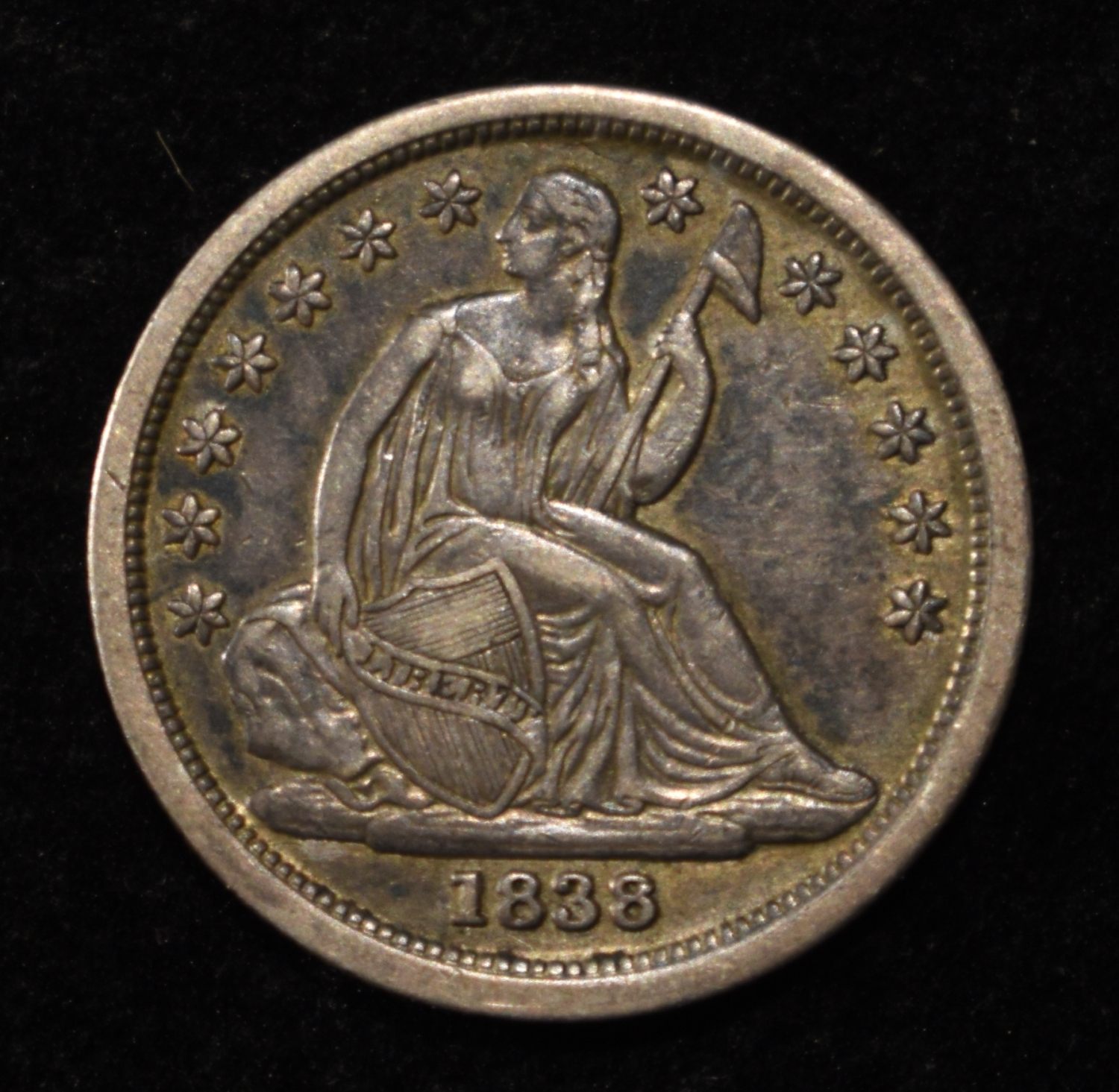 1838 LIBERTY SEATED DIME LARGE STARS CH/AU