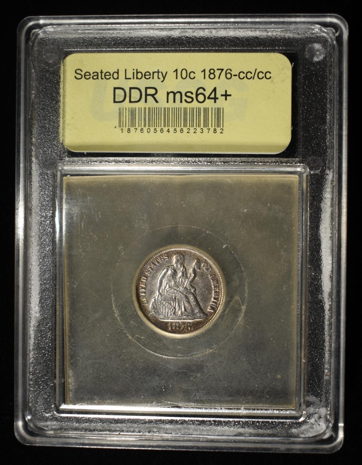 1876-CC SEATED LIBERTY DIME USCG CH/GEM BU DDR