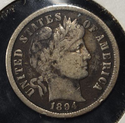 1894 BARBER DIME RARE FINE. TOP RATED AUCTION HOUSE ESTIMATE $130 - $180.