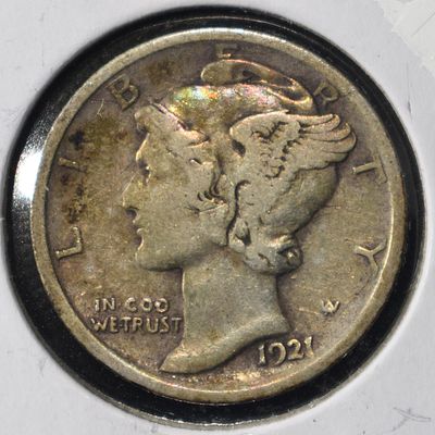 1921 MERCURY DIME VF/XF. LEADERS IN ON-LINE AUCTIONS ESTIMATE $390 - $440.