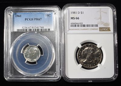 (2) GRADED COINS. 1961 ROOSEVELT DIME PCGS PR67 & 1981-D SBA $1 NGC MS66 ESTIMATE $75 - $100.