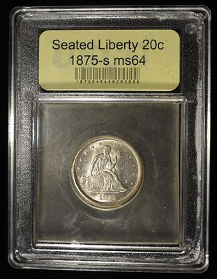 1875-S SEATED LIBERTY 20C USCG CH/GEM BU. TOP RATED AUCTION HOUSE ESTIMATE $2000 - $2200.
