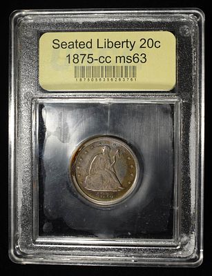 1875-CC SEATED LIBERTY 20C USCG CH BU. LEADERS IN ON-LINE AUCTIONS ESTIMATE $3600 - $3800.