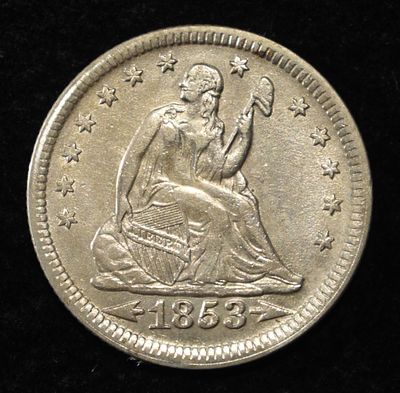 1853 LIBERTY SEATED QUARTER ARR. & RAYS AU/UNC. LEADERS IN ON-LINE AUCTIONS ESTIMATE $650 - $750.