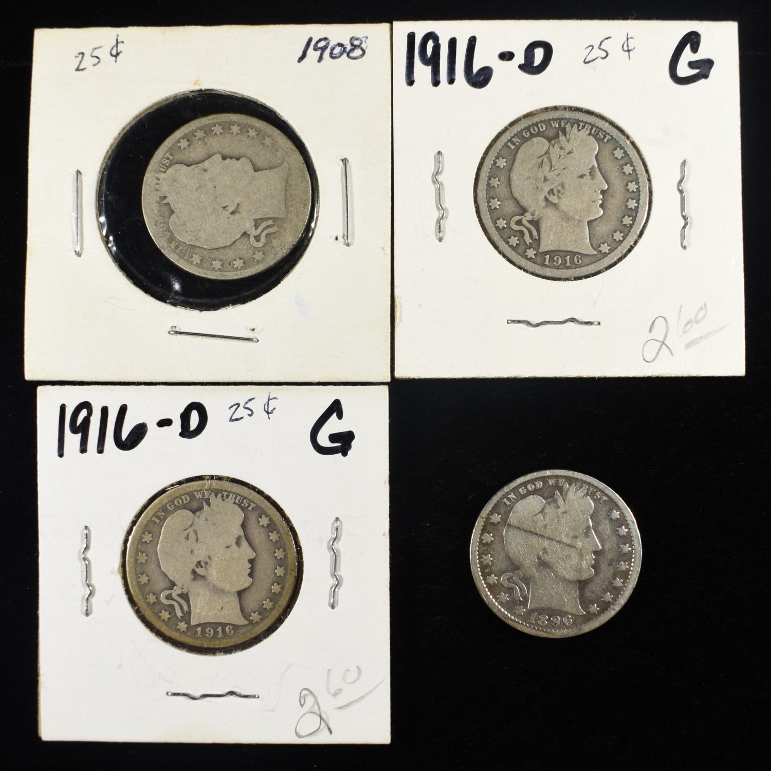1896, 1908 & (2) 1916-D BARBER QUARTERS
