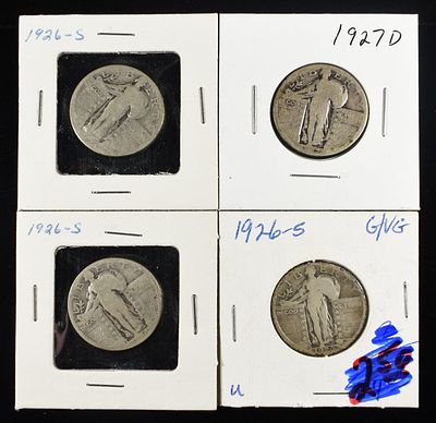 1927-D & (3) 1926-S STANDING LIBERTY QUARTERS. BID WITH SILVER CITY AUCTIONS ESTIMATE $80 - $120.