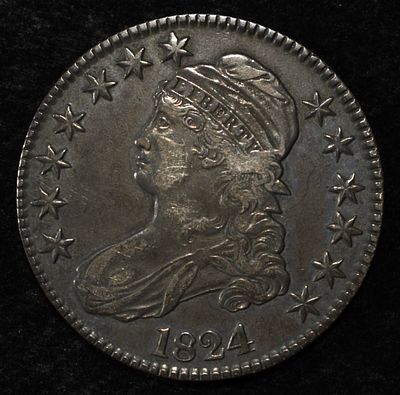 1824 CAPPED BUST HALF DOLLAR XF. TOP RATED AUCTION HOUSE ESTIMATE $260 - $310.
